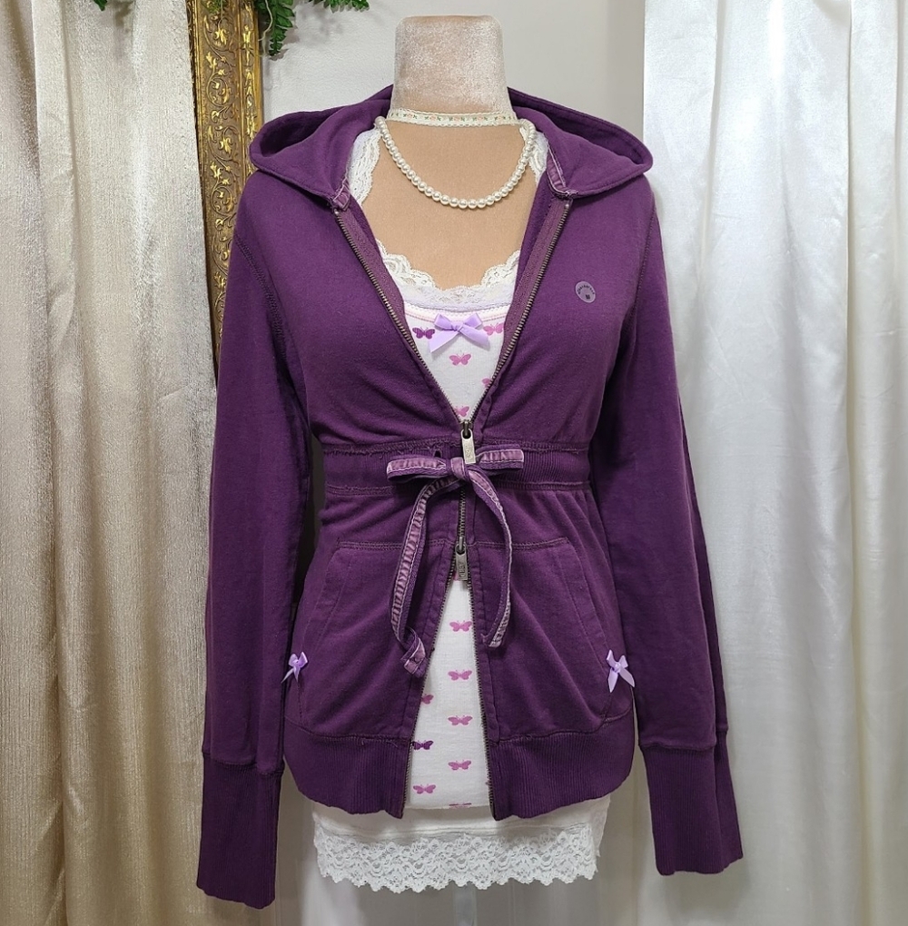 ♡ Y2K ♡ Aeropostale Purple Waist Tie Double Zip Hooded Babydoll Jacket Hoodie